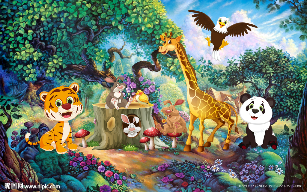 手绘卡通儿童房动物森林背景墙