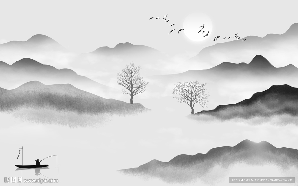 水墨山水背景装饰画TIF分层