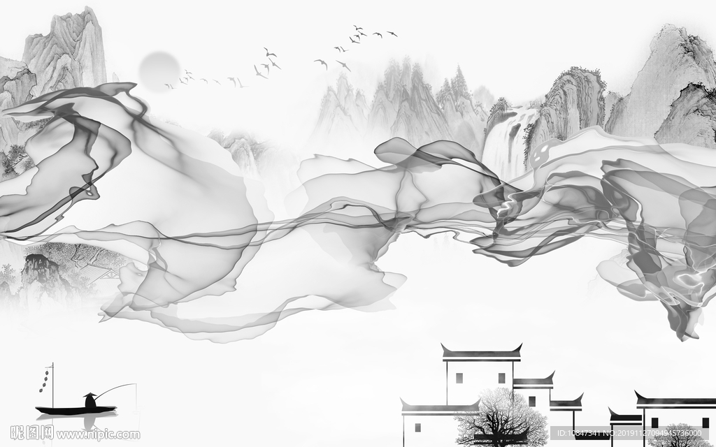 线条山水背景墙画 TIF分层