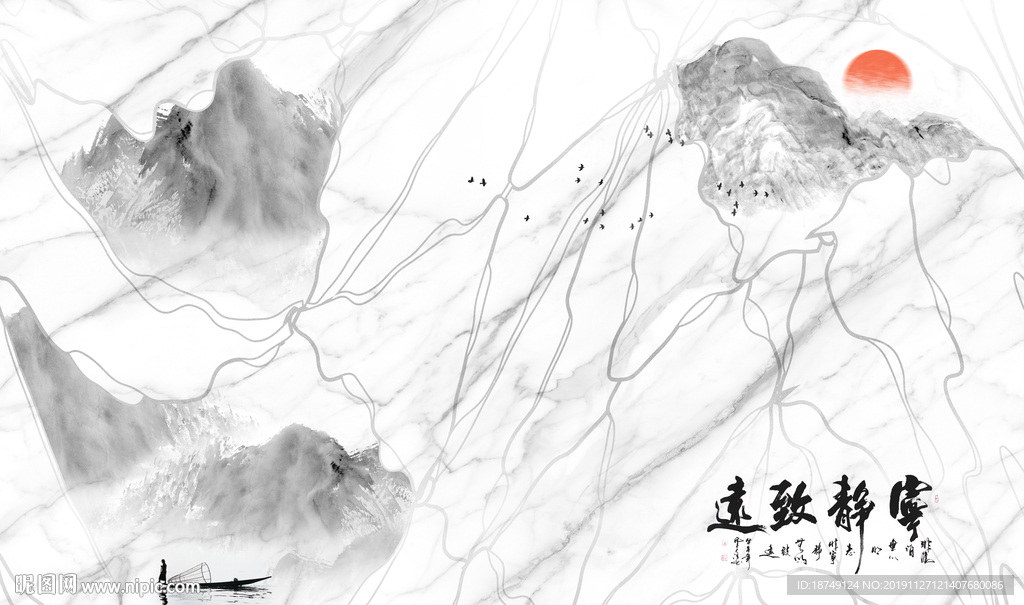 大理石黑白抽象线条电视背景墙