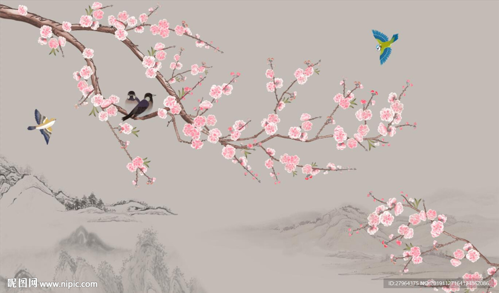 新中式手绘梅花花鸟背景墙