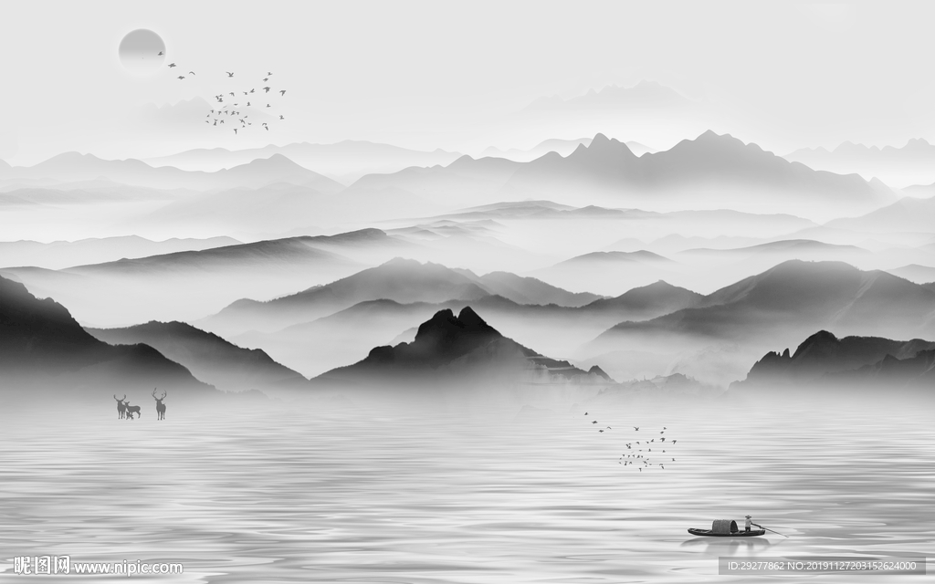 灰色风景山水框画 TIF分层