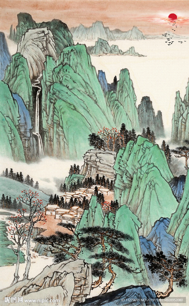 旭日山水水墨画