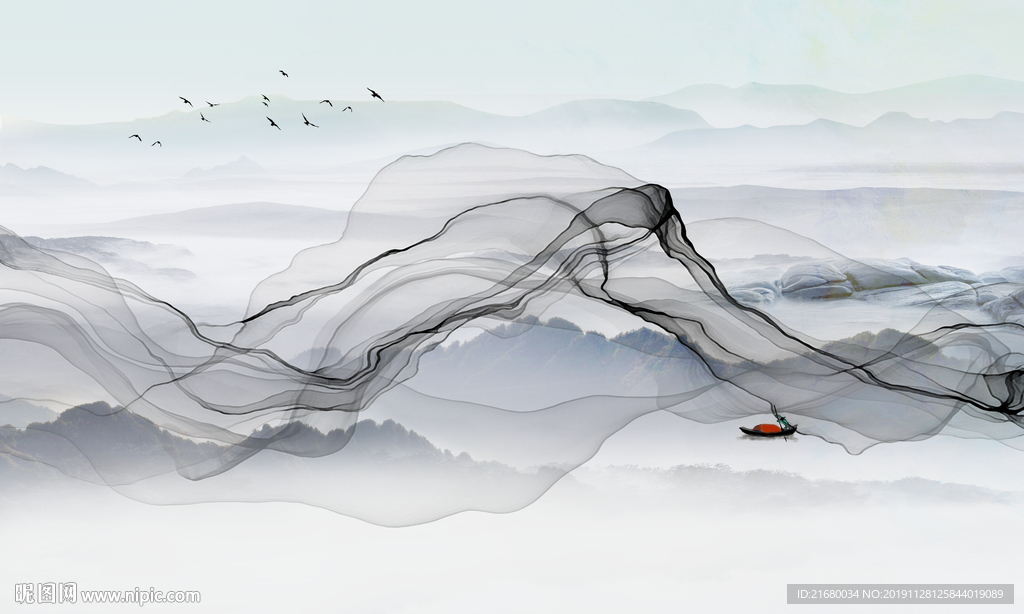 新中式抽象线条山水背景墙