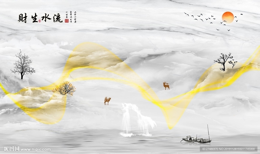 新中式流水生财抽象金色山水背景