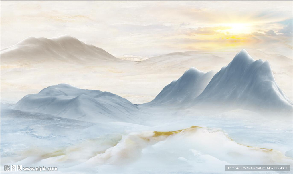 大理石纹山水花日出背景墙冰山云