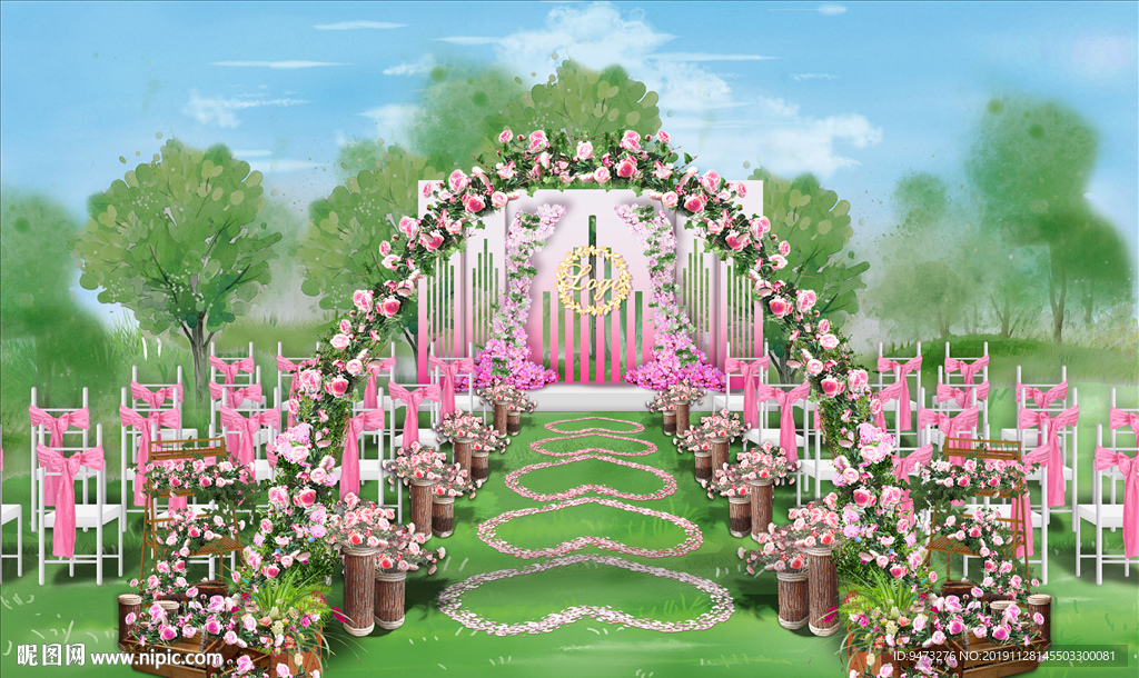 粉色户外婚礼仪式区