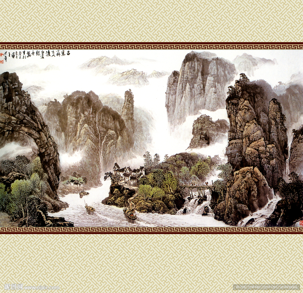 古寨 小桥流水 山水画 新中式