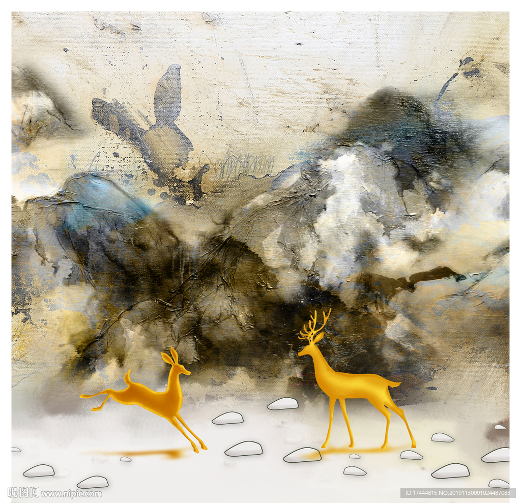 现代简约鎏金山水麋鹿晶瓷装饰画