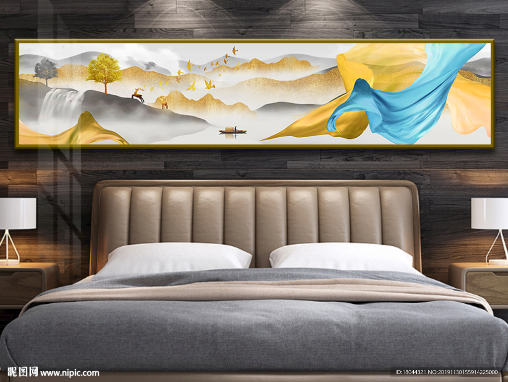 新中式意境金色山水床头装饰画