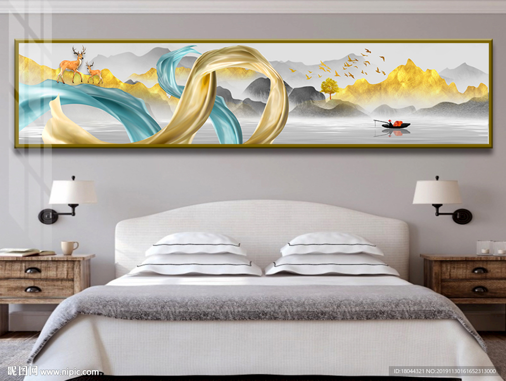 新中式意境金山麋鹿床头装饰画