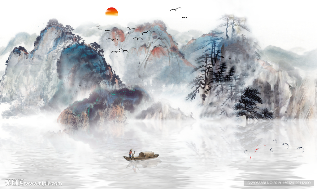 国画 简约中式山水 tif分层