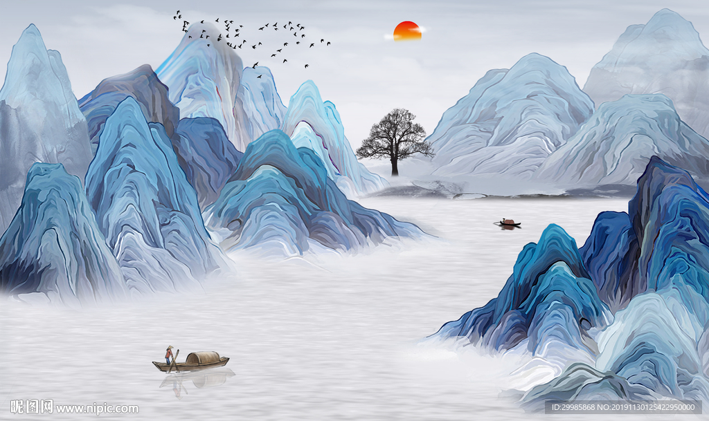 蓝色简约中式山水 tif分层