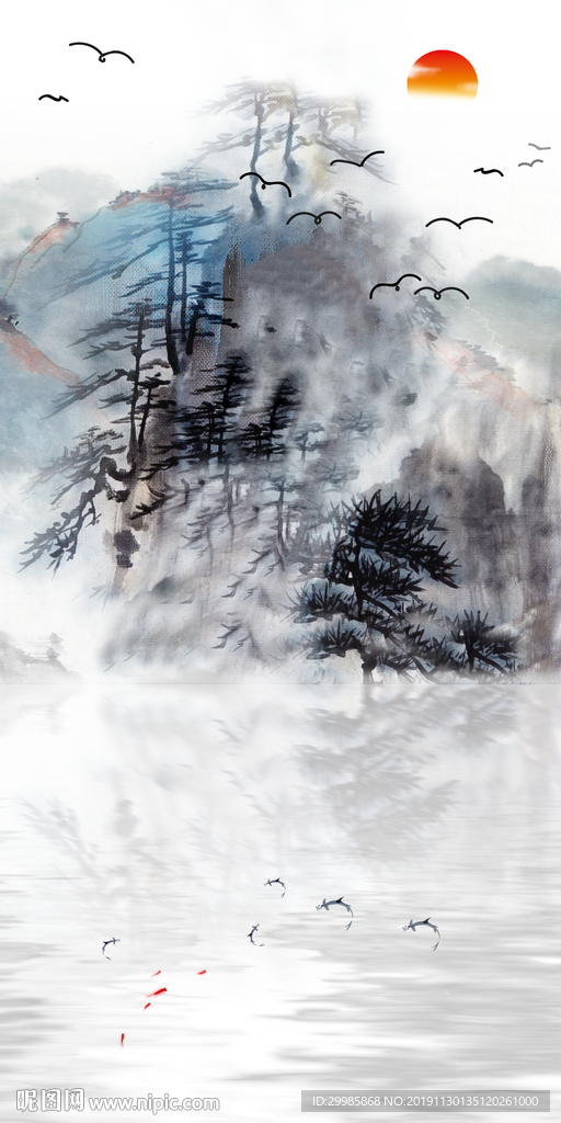 新中式玄关山水国画 tif分层