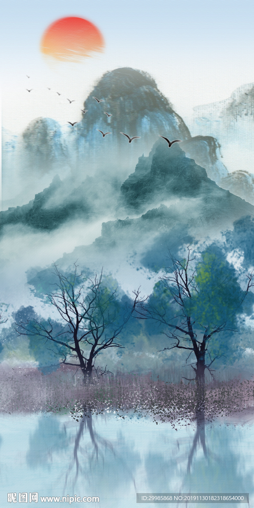 简约 玄关国画山水 tif分层