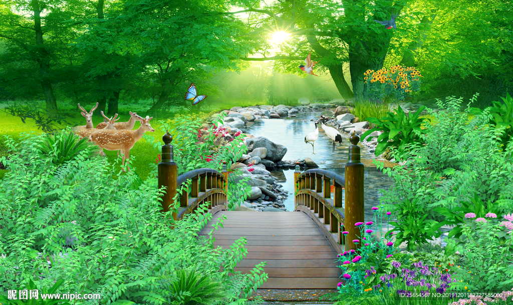 树林小河流水生财背景墙