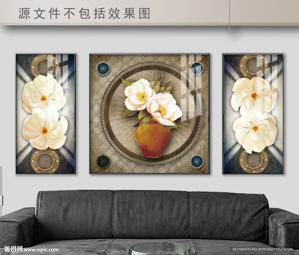 欧式复古花卉手绘三联画