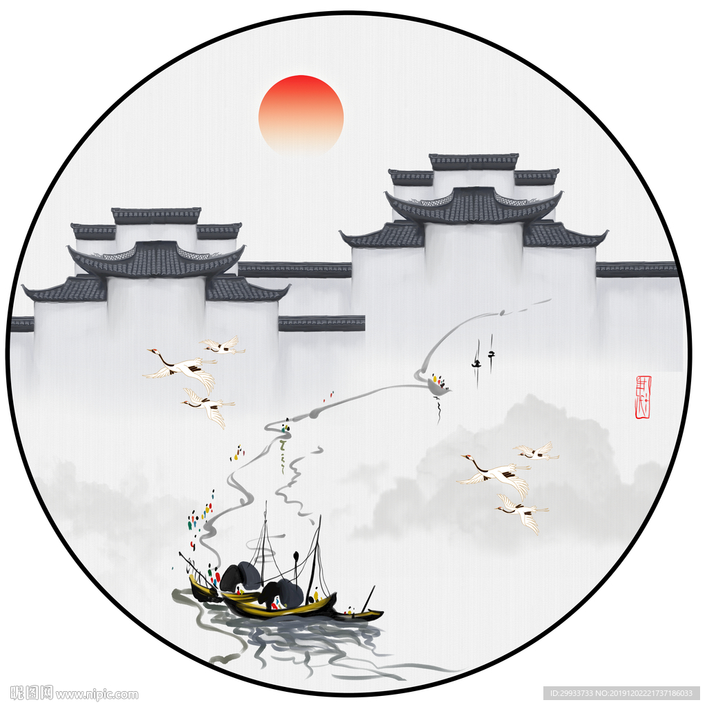 中式徽派江南意境山水圆形装饰画