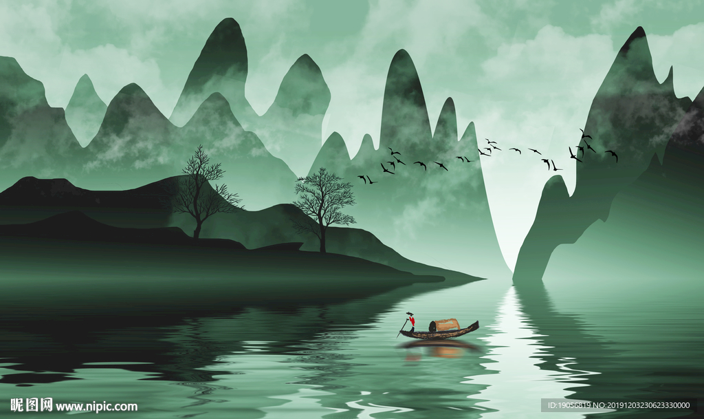 绿色手绘水墨山水图