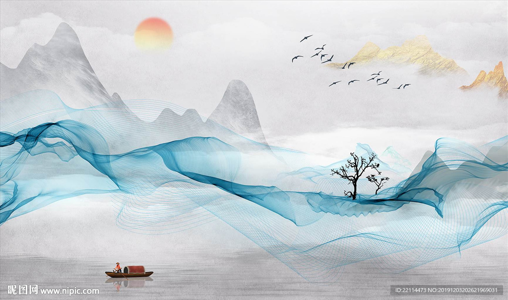 新中式蓝色抽象水墨画山水背景墙
