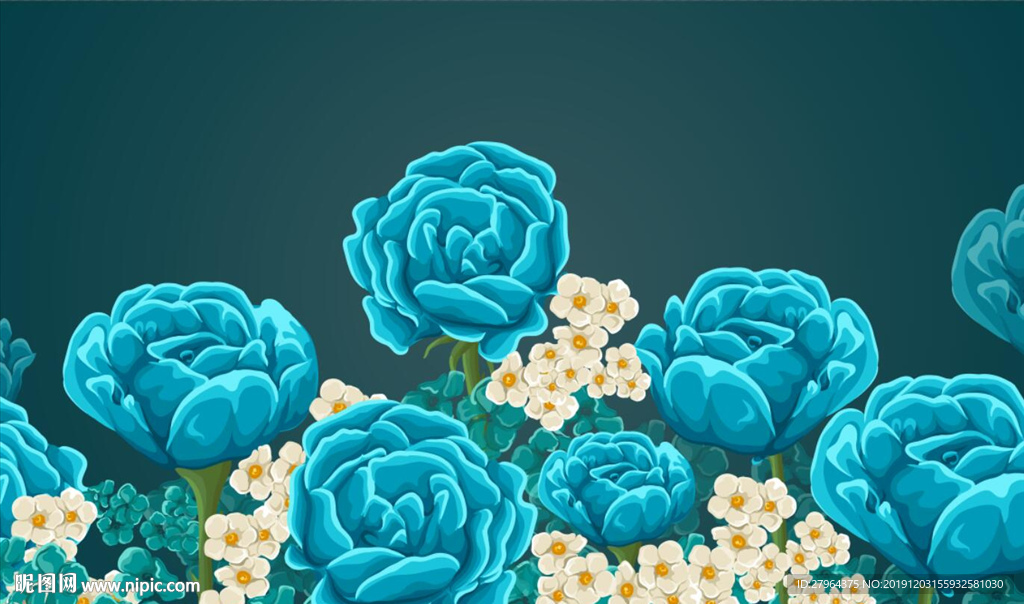现代手绘蓝色牡丹花卉背景墙