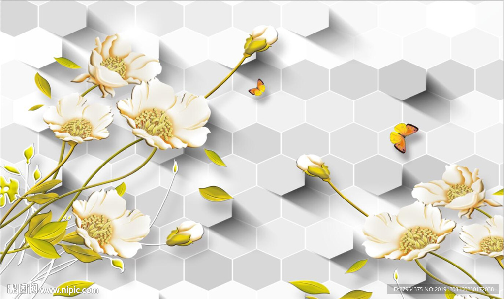 3D立体花卉蝴蝶蜂巢电视背景墙
