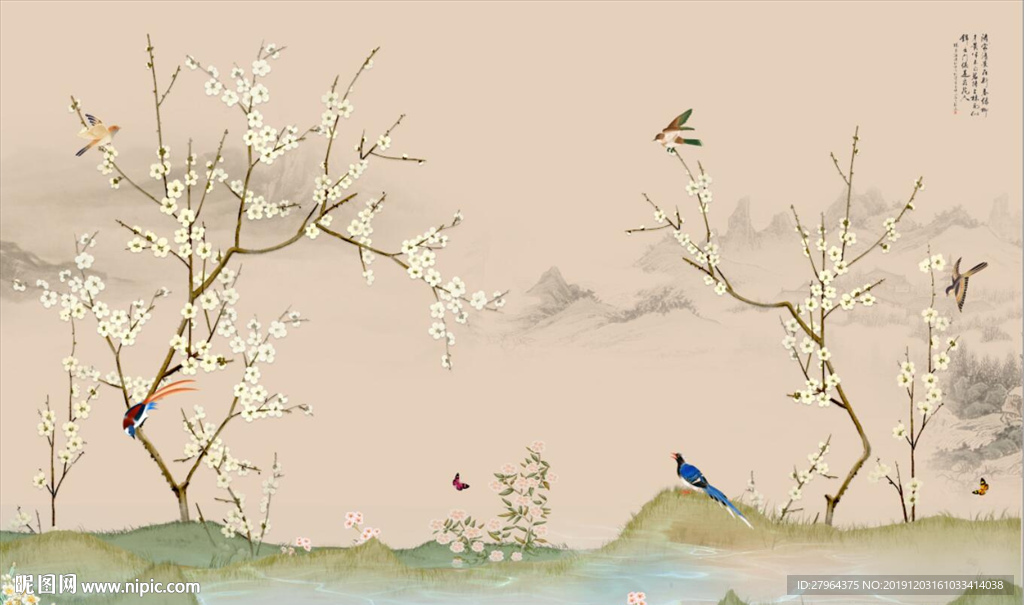新中式花鸟山水背景墙