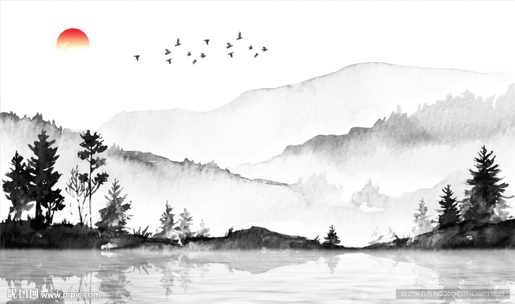 新中式水墨山水意境飞鸟背景墙
