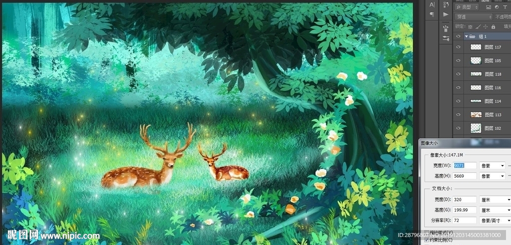 唯美森林麋鹿手绘壁画儿童背景墙