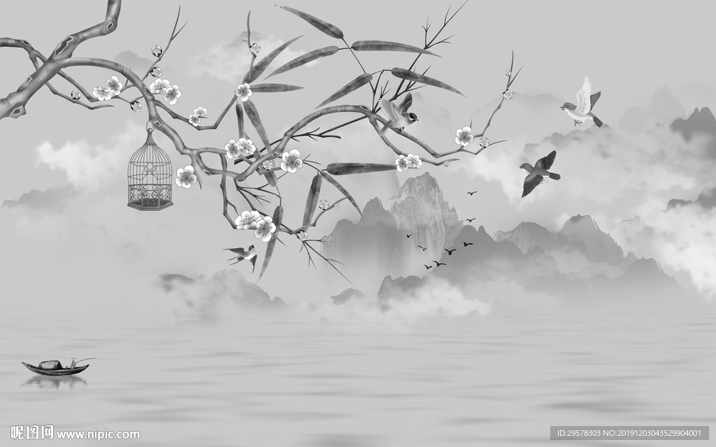 高清山水画背景墙 TIF分层