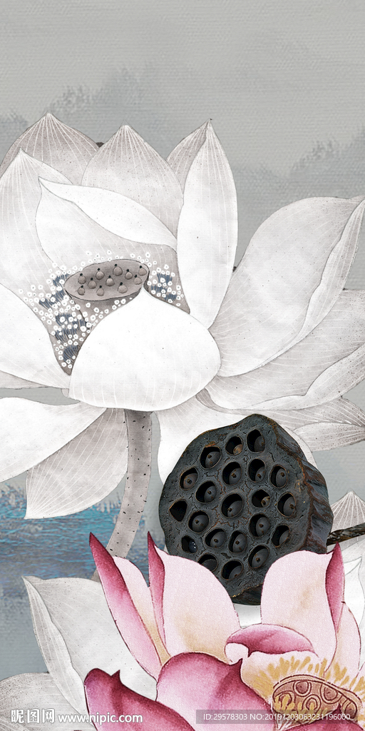 荷花山水风景玄关 TIF分层