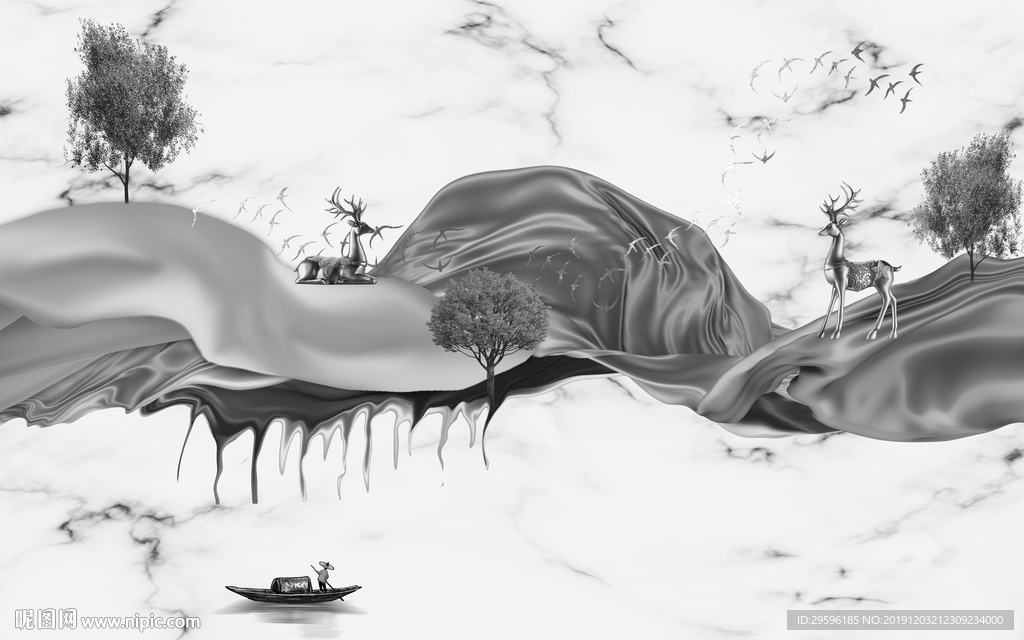 灰色背景山水画 TIF分层
