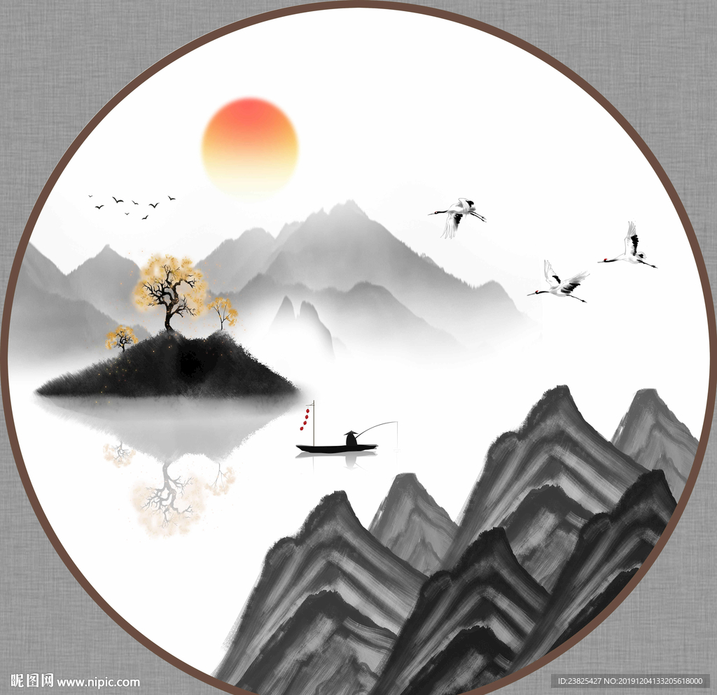 新中式水墨山水意境圆形装饰画