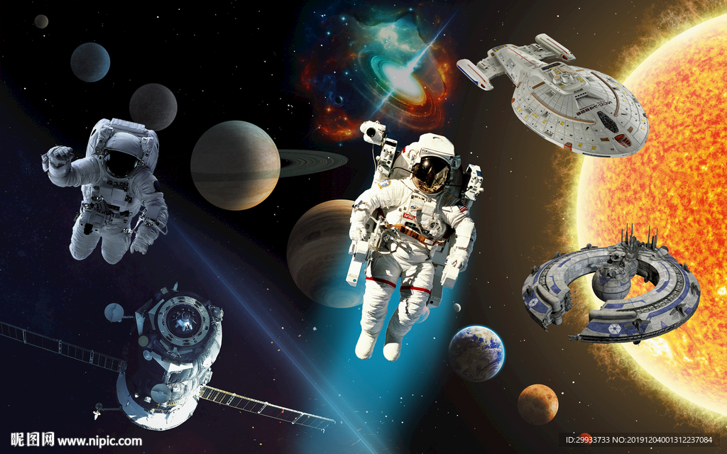 科幻太空航员太阳飞船星系背景墙