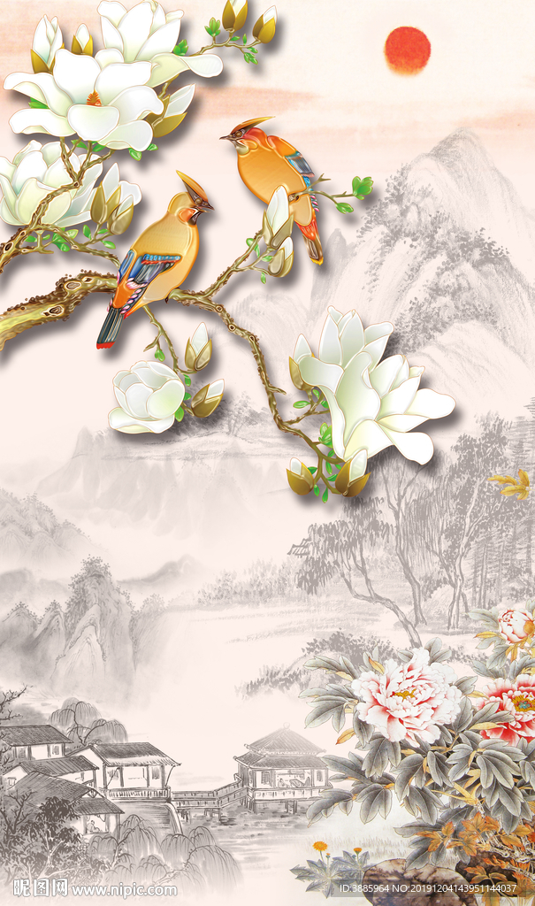 花枝鸟书法水墨山山背景墙图片