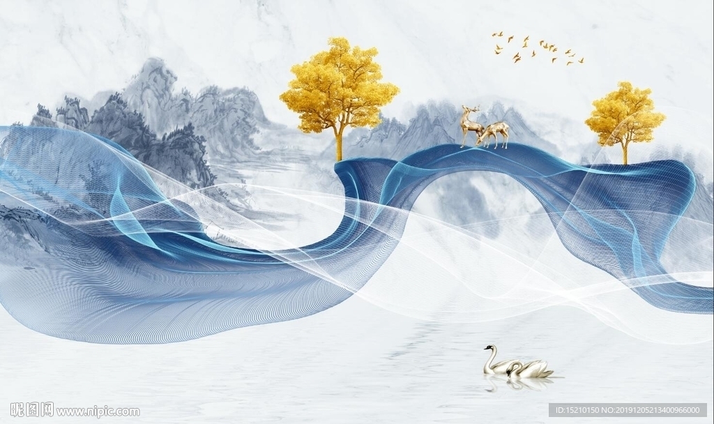 水墨山水发财树电视背景墙