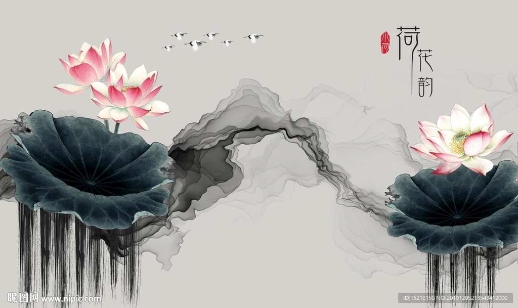 国画荷花电视背景墙