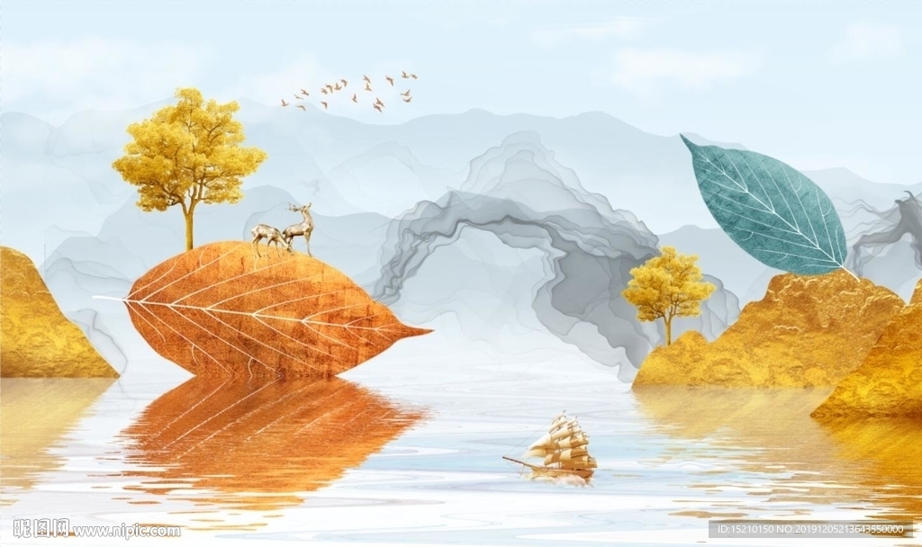 水墨山水金色树叶电视背景墙