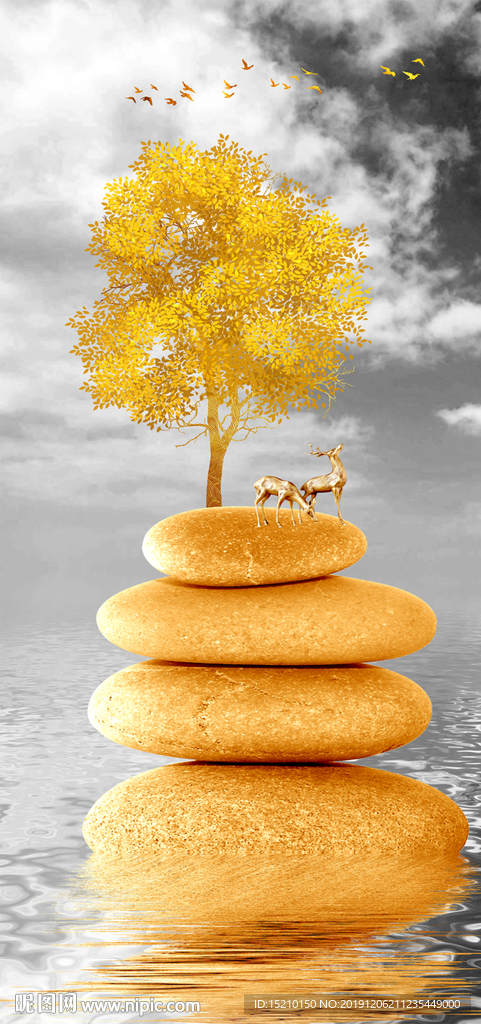 金色抽象树鹅卵石玄关背景墙