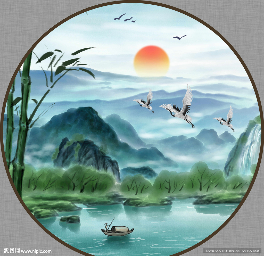 新中式水彩山水意境圆形装饰画