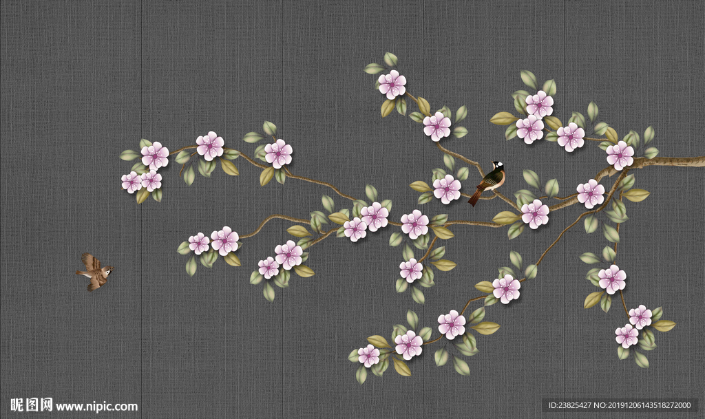 新中式手绘玉兰花鸟电视背景墙