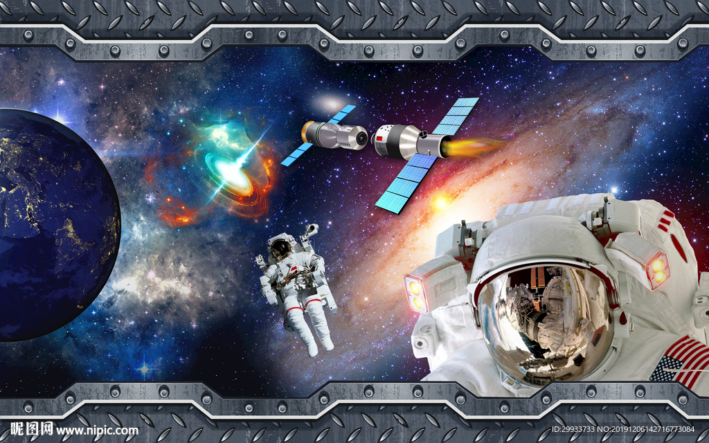 3D立体宇航员太空舱背景墙图片