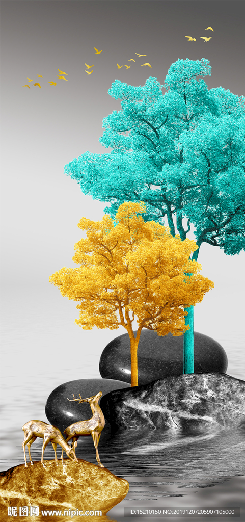 发财树鹅卵石玄关背景墙