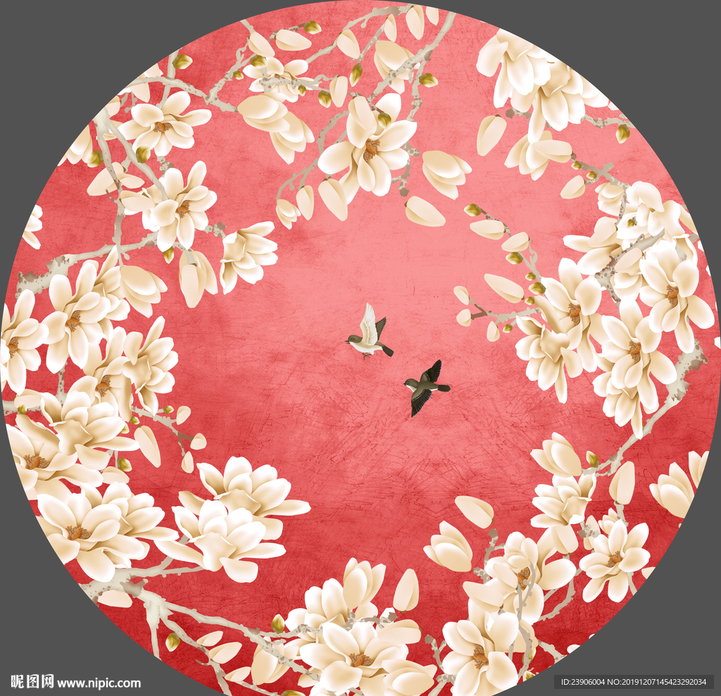 工笔花鸟团花 红色花鸟装饰画