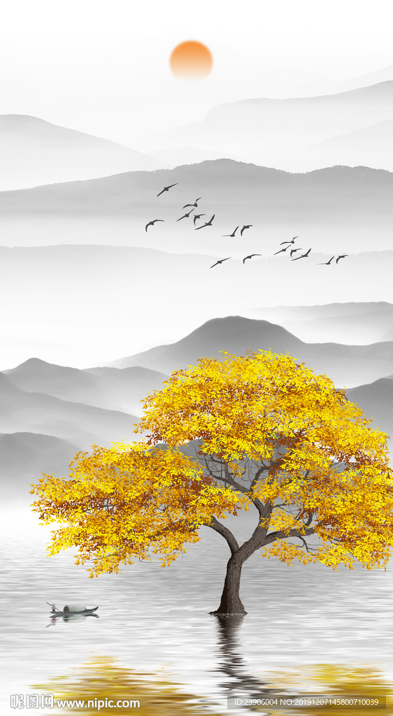 水墨山水发财树客厅装饰画