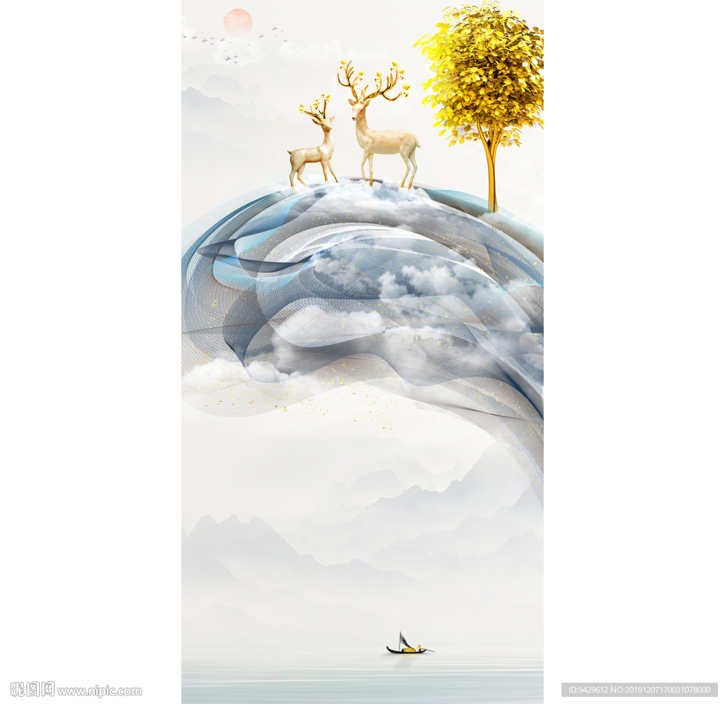 发财鹿发财树抽象山水玄关背景墙