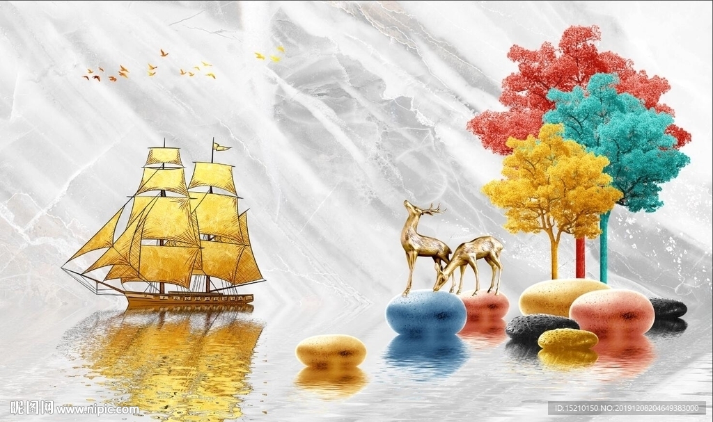 大理石发财树电视背景墙