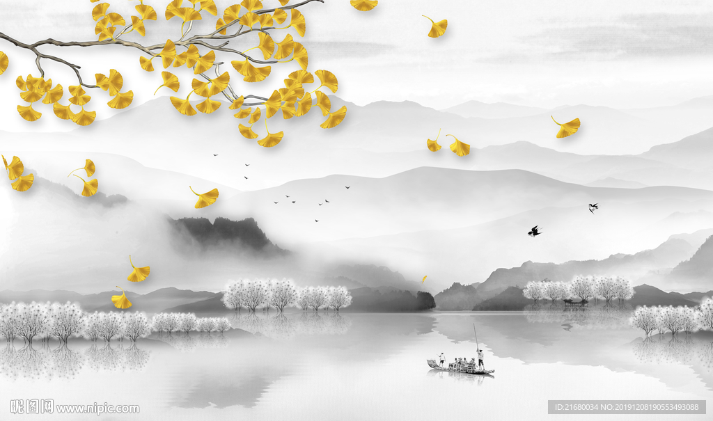 银杏叶新中式山水背景墙