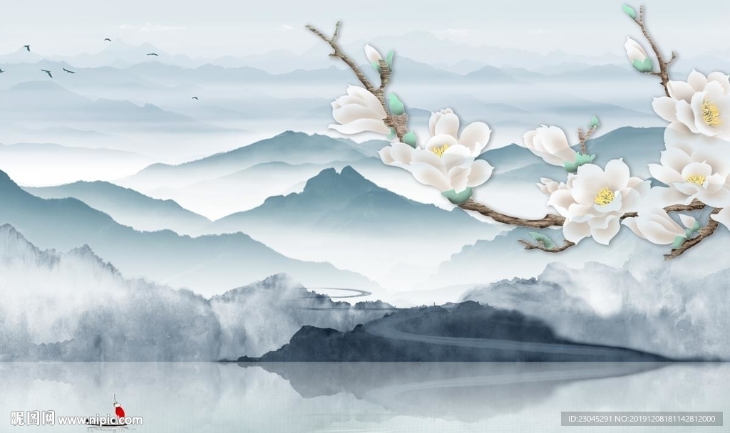 新中式江南烟雨背景墙