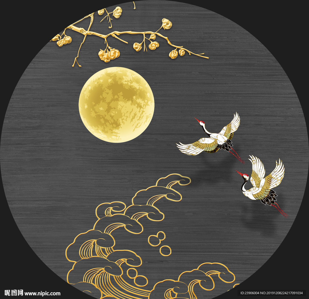 新中式民俗国潮仙鹤金色装饰画